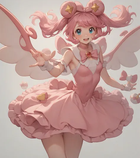 score_9, score_8_up, score_7_up, score_6_up, BREAK, a magical girl inspired by the Pokemon Clefable, pink hair, with a cute pink dress with ruffles, Pokemon Clefable wings,