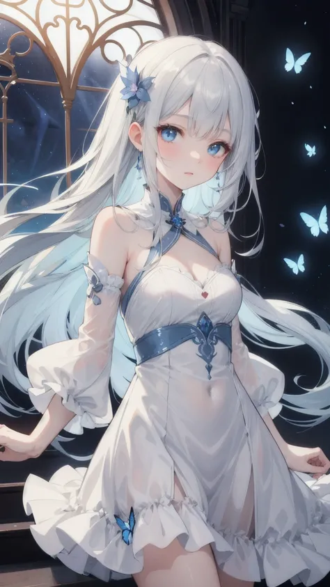  Her long hair cascades down like a silver waterfall ， She is wearing a flowing white wide-sleeved dress 。 Her blue eyes look directly at the audience ，With a hint of curiosity on her face 。 on her hair band Decorated with a delicate flower ， The white pet...