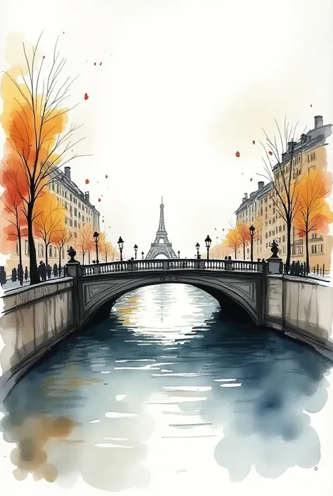 watercolor with sketch ,  of a bridge in Paris ,  made with Scribbles and Messy Line, thick strokes