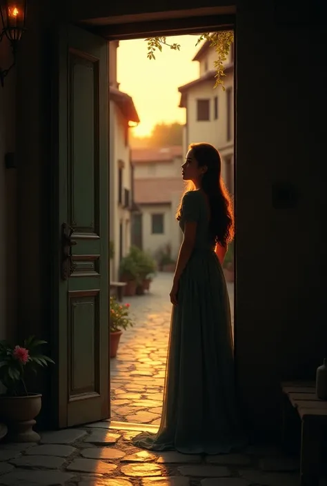 A female looking at a street from a corner of door in village at sunset 