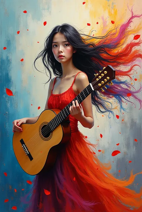 a colorful abstract painting, lute，pretty girl, walk, Fashion, Random color hair, extra long wavy hair, wind,  Flying Petals, Intense gaze, vibrant colors, abstract art, dynamic composition, fluid brushstrokes, textured background, mesmerizing palette, cap...