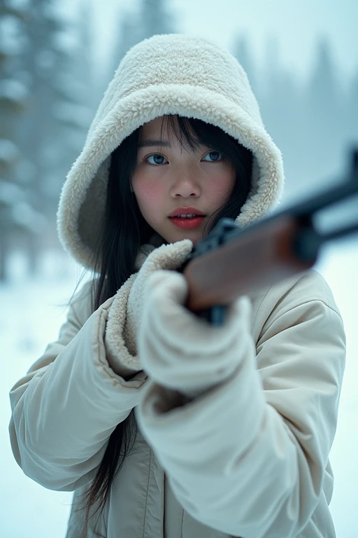 white hood hat, half Asian half white girl, a beautiful young woman, age 20, strikingly beautiful, black hair, deep blue eyes, red lips, alaska snow ，1970s，White smoke，Full of movement ，hasselblatt，National Geographic photo，Semi-body shot, high-quality pho...