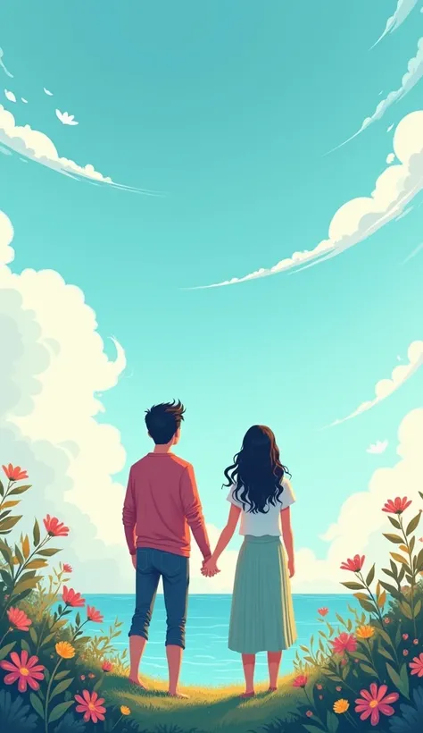  An illustrative background about a couple holding hands looking out to the sea and flowers around on top a big beautiful sky without sun, Just clouds 

(It could be not as realistic ?  Cartoon type or something,  flat colors ?) 