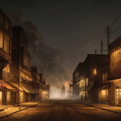 A deserted city in the Wild West filled with ash, with illuminated bars and saloons, and a thick fog hanging in the air