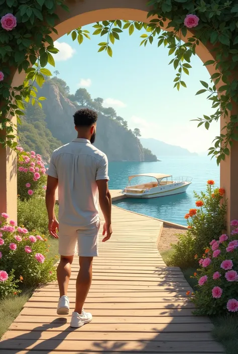  em um caminho de madeira da ilha da Toscana na Itália a tarde ao fundo  um barco branco com ouro 
no mar  ,nas laterais um caminho decorado com flores bege ,pontas tulipas )Keith Powers with a low fade curly buzz cut, shaved black hair, natural complexion...