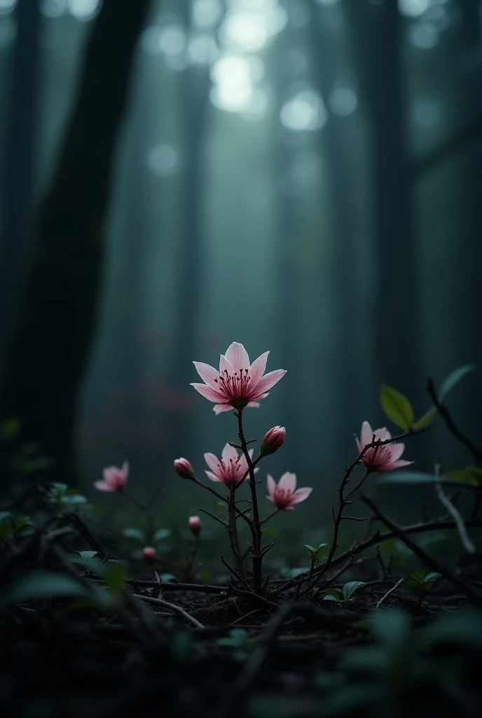 Images of the Sakura flower with thorns in a forest that show darkness and fear small ones with thorns at the bottom of the forest