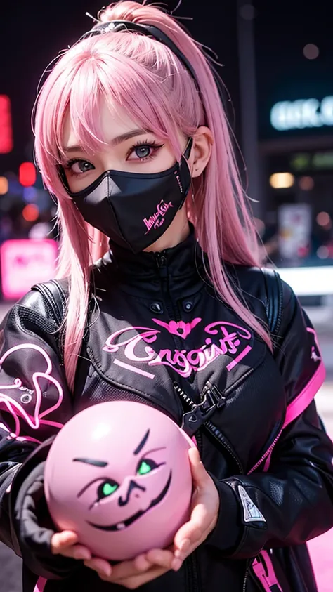   detailed background  , masterpiece, Best Quality, smile,  ornament, Food,  PORTRAIT, Neon Pink, Graffiti, dark,  Knight , Bright Eyes, Purple light,Black Mask