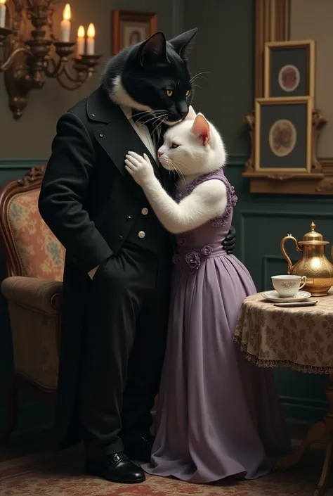  A black and white cat (sucker) big, strong, that walks standing ,  in a black Victorian coat and black pants , cuddled with a young white cat wearing a purple Victorian dress . (tenderness),(),(Love).( in a Victorian room with a table set with Victorian c...