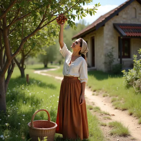 "Jennifer Lopez in a peaceful rural village, dressed in traditional farming clothes. She is outside among hazelnut trees, wearing a simple blouse, long skirt, and a headscarf, looking natural and down-to-earth. She is reaching up to pick hazelnuts from the...