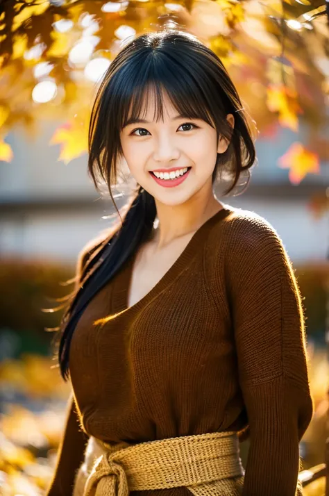 (8k, RAW photo, photorealistic, HQ, masterpiece), a cute Japanese woman, 28years old, (glowing eyes), (Laugh with ones mouth wide open), no makeup, black hair, (stylish Autumn clothes:1.4), large breasts, Depth of field rally background, backlighting, face...