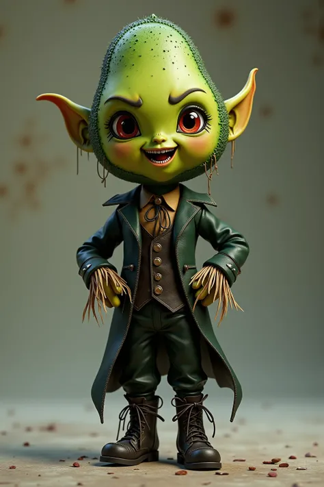 generate images of kawaii chibi character of (avocado head) zany scarecrow with a horror fantasy theme,(hands on hips:1.5), clothes must be highly intricate gothic style , elegant, and visually striking, highly detailed leather boots, resembling digital pa...