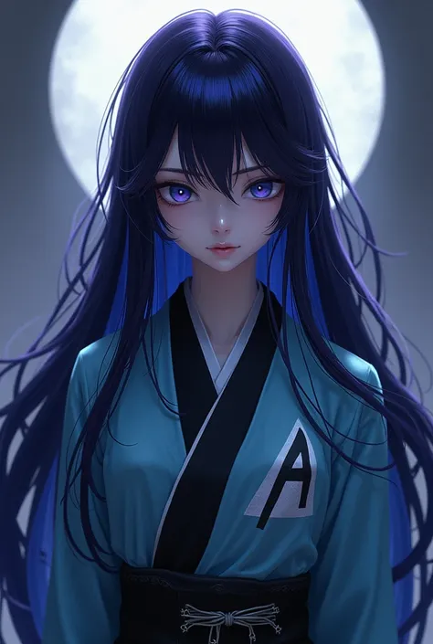 Dark purple long hair that hides the waist 　Black and blue hair　 turn a section of ones bangs blue blue blue with blue highlights on the bangs　 part of the bangs is light blue 　Dark Eyes　Sharp, Cool Eyes 　Light blue haori coat　Blue coat with white triangul...