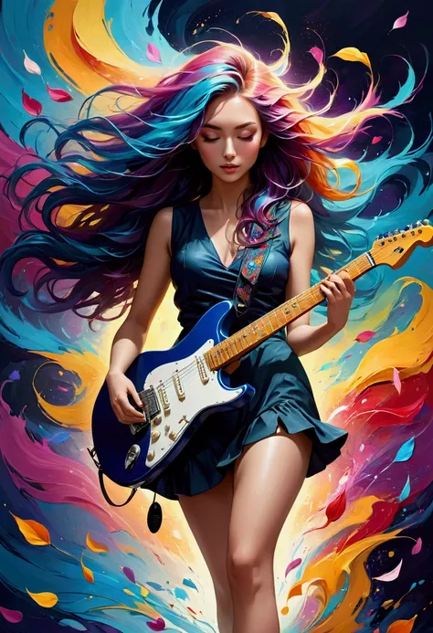 a colorful abstract painting, Electric Guitar，pretty girl, walk, Fashion, Random color hair, extra long wavy hair, wind,  Flying Petals, Intense gaze, vibrant colors, abstract art, dynamic composition, fluid brushstrokes, textured background, mesmerizing p...