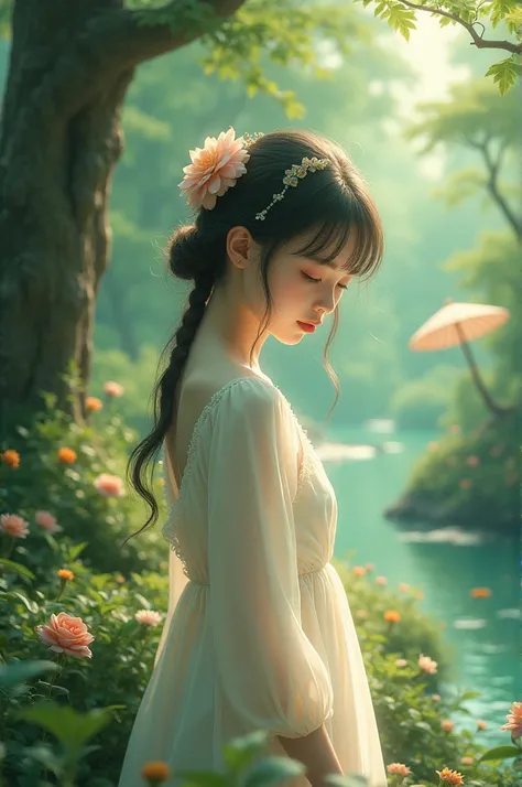 Image of a girl surrounded by nature ,  reference to a painting woman with an umbrella