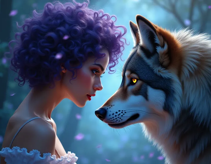 Woman with curly purple Chanel hair staring a wolf in the eye
