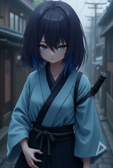 Dark purple long hair that hides the waist 　Black and blue hair　 turn a section of ones bangs blue blue blue with blue highlights on the bangs　 part of the bangs is light blue 　Dark Eyes　Sharp, Cool Eyes 　Light blue haori coat　Blue coat with white triangul...