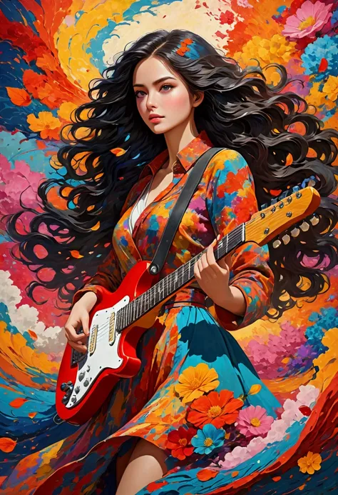 a colorful abstract painting, Electric Guitar，pretty girl, walk, Fashion, Random color hair, extra long wavy hair, wind,  Flying Petals, Intense gaze, vibrant colors, abstract art, dynamic composition, fluid brushstrokes, textured background, mesmerizing p...