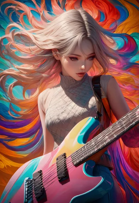 a colorful abstract painting, Electric Guitar，pretty girl, walk, Fashion, Random color hair, extra long wavy hair, wind,  Flying Petals, Intense gaze, vibrant colors, abstract art, dynamic composition, fluid brushstrokes, textured background, mesmerizing p...