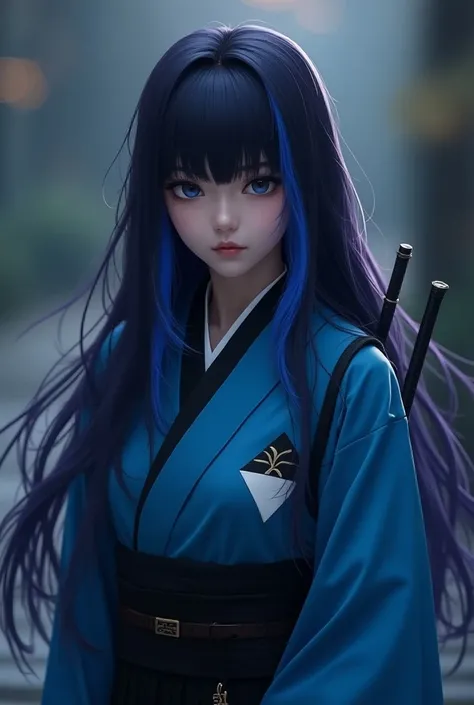 Dark purple long hair that hides the waist 　Black and blue hair　 turn a section of ones bangs blue blue blue with blue highlights on the bangs　 part of the bangs is light blue 　Dark Eyes　Sharp, Cool Eyes 　Light blue haori coat　Blue coat with white triangul...