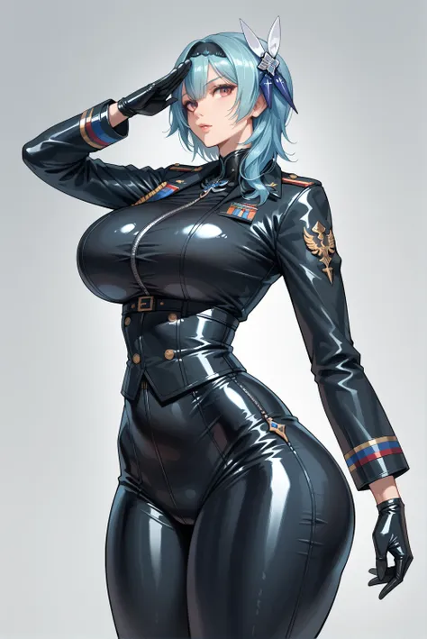 eula,beautiful face and eyes,(,latex,military costume,military jacket,pants,latex long gloves,),salute,gigantic huge busty,huge ...