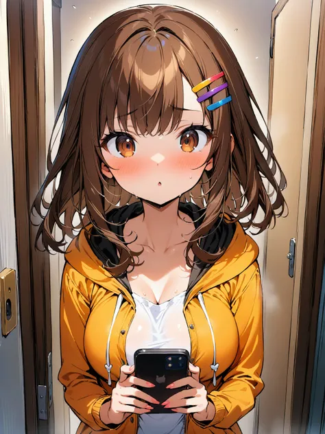 1girl, (medium hair), (shoulder length hair:1.2), wavy brown hair, colorful hairpins, (bright expressive brown eyes), (big breasts:0.7), (petite body), Casual clothing, (hooded jacket), have a Smartphone, seriously, (masterpiece, best Quality, 16k)