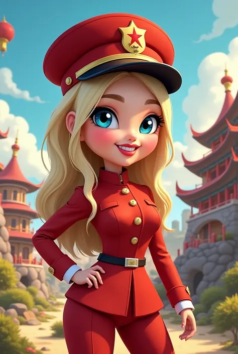 Suzy Cortez blond blue eyes wearing Kim Jong-uns igusl outfit and cap with the North Korean flag cartoon Disney cartoon