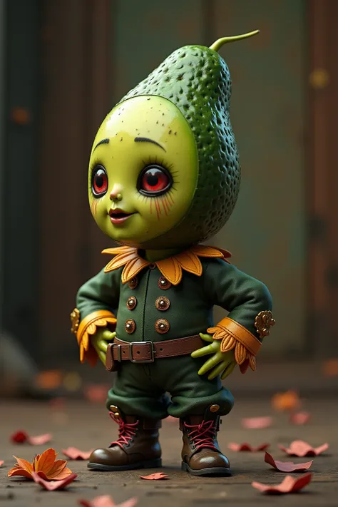 generate images of kawaii chibi character of (avocado head) zany scarecrow with a horror fantasy theme,(hands on hips:1.5), clothes must be highly intricate rococo style , elegant, and visually striking, highly detailed leather boots, resembling digital pa...