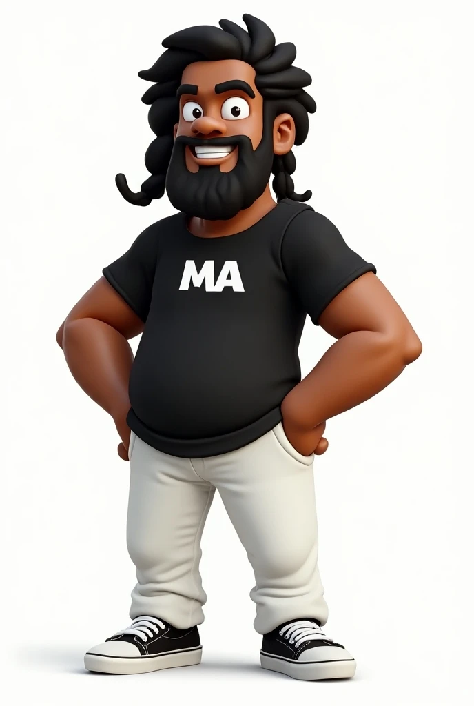 male cartoon character, Lean body, cor moreno, Big black hair Rastafari braid, big beard,  with a black shirt with an MA printed on the chest, white pants,  with VANS sneakers with white laces . Xbox style animation 