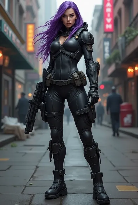  Call of Dutty female character.  Long purple hair. Special full body suit .  black boots. 