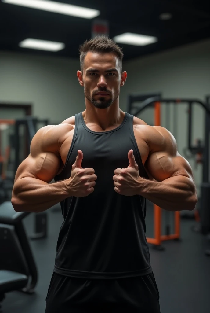 realistic, man,  using sportswear, wearing a tank top, posing for a photo, Doing the Iron Arm pose, in a gym 