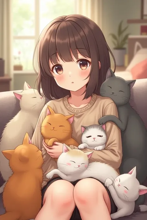 Anime style girl with cats
