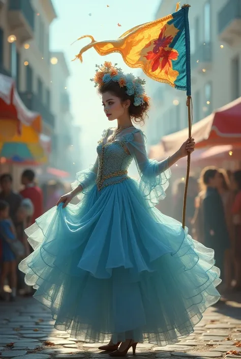 Create Colombina for carnival with hollowed clothes in blue and white colors holding a flag 