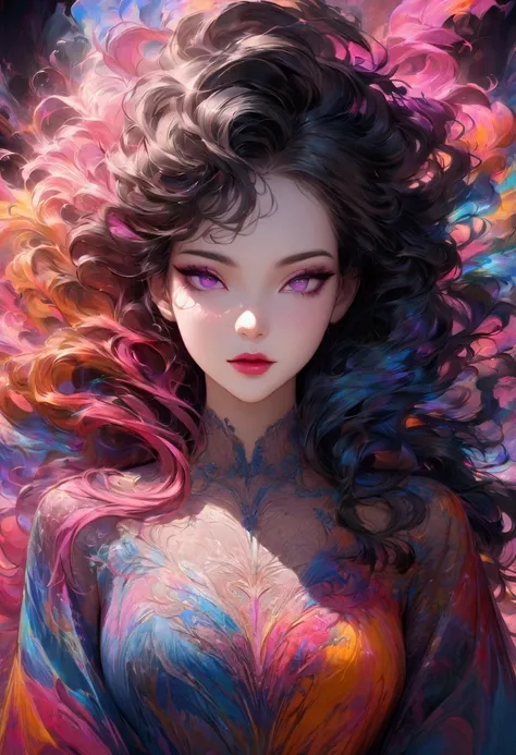 a colorful abstract painting, Electric Guitar，pretty girl, walk, Fashion, Random color hair, extra long wavy hair, wind,  Flying Petals, Intense gaze, vibrant colors, abstract art, dynamic composition, fluid brushstrokes, textured background, mesmerizing p...