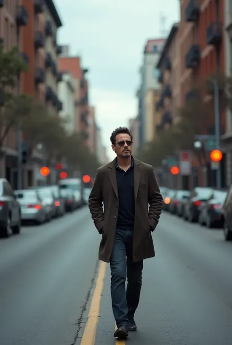  Quiet city street with Robert Downey Jr.: "Robert Downey Jr.  walk alone on an empty city street , on a cloudy day, with a thoughtful expression.  The motivational phrase in Spanish ,  Perseverance transforms the path , because every step , although small...