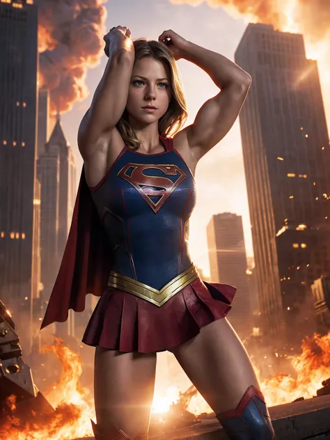 a cinematic scene in a burning city. supergirl is straining to lift a massive tank over her head. her biceps are bulging. he out...