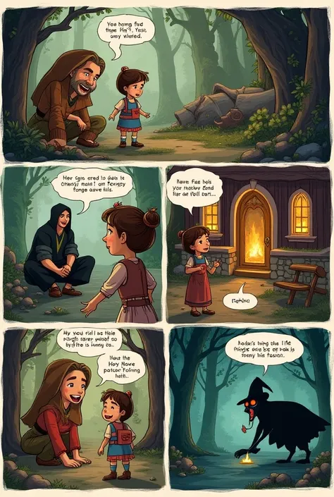 An 8-vignette comic by Hansel and Gretel,  in the first their stepmother with their father and Hansel and Gretel spying on ,  in the second the stepmother taking the ren to the forest , In the third a path ,  in the fourth both ren find a candy house ,  in...