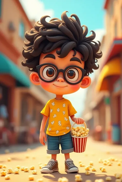 Toninho Popcorn
-  **Appearance:** short and thin.
- **Hair:** Curly and messy.
- **clothes:**  Yellow t-shirt with popcorn prints, shorts jeans.
- ** Accessories :**  large round glasses , always holding a popcorn bucket , Chibi anime style

