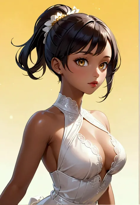 Beautiful ebony woman, short hair, ponytail hairstyle, brown eyes. Elegant, regular buy proportional breasts. Long white night dress. Half body. Sensual position. Glossy lips. Creamy and light yellow background. Cartoon style. 3D illustration. 