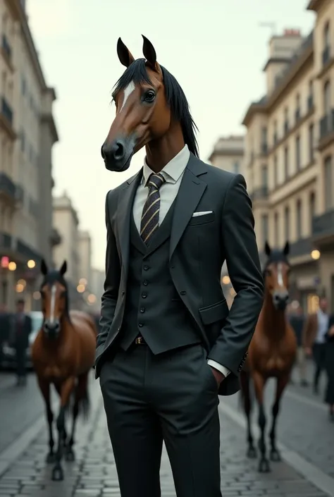 
horse with human body with very realistic horse skin, dressed in a suit with his humanoid horse partners at his side, on an adando street