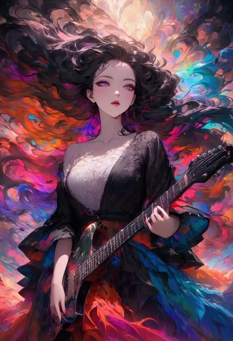 a colorful abstract painting, Electric Guitar，pretty girl, walk, Fashion, Random color hair, extra long wavy hair, wind, Flying Petals, Intense gaze, vibrant colors, abstract art, dynamic composition, fluid brushstrokes, textured background, mesmerizing pa...