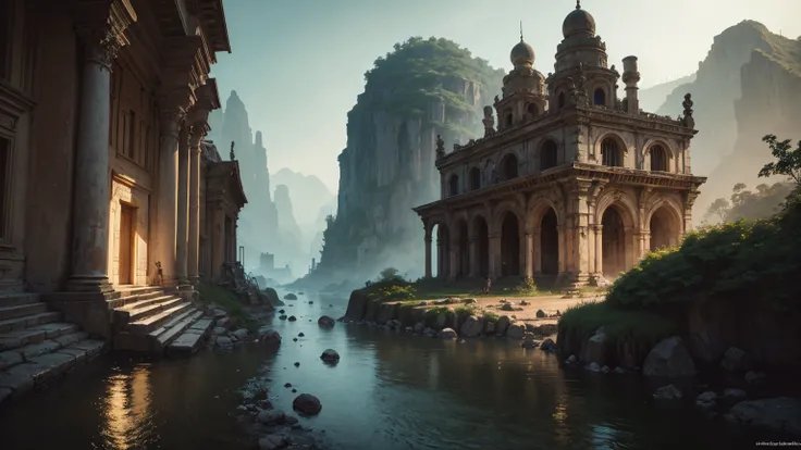 ancient city,dark stream,very wide shot:1.1,distant view:1.5,quality,Ultra detailed, best quality, insanely detailed, beautiful, masterpiece