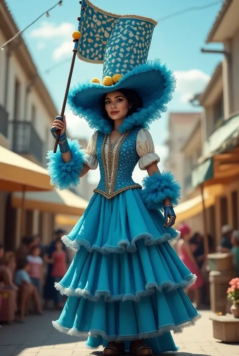 Create Carnival Colombina with hollowed clothes in blue and white holding a flag with fluffy sleeves and ruffles and plaid rectangle pirate-style hat with pompoms 