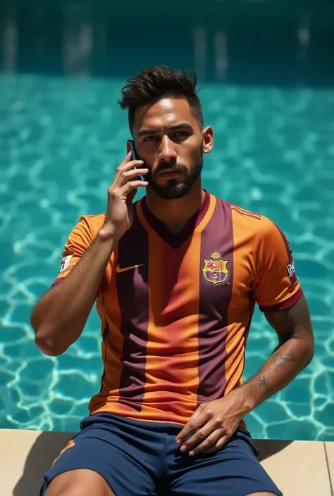 Neymar wearing the Barcelona jersey talking on his cell phone near a swimming pool lying down,  and giant head ,  camera coming from above and taking the whole body  