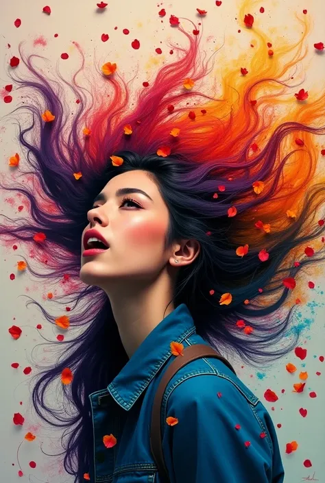 a colorful abstract painting, pretty girl singing, 麦克wind, Fashion, Random color hair, extra long wavy hair, wind,  Flying Petals, Intense gaze, vibrant colors, abstract art, dynamic composition, fluid brushstrokes, textured background, mesmerizing palette...