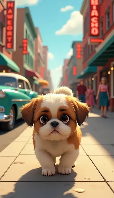 Create an animation set in the 50s where you see the dog shitzu walking down the street and having a serious expression.
