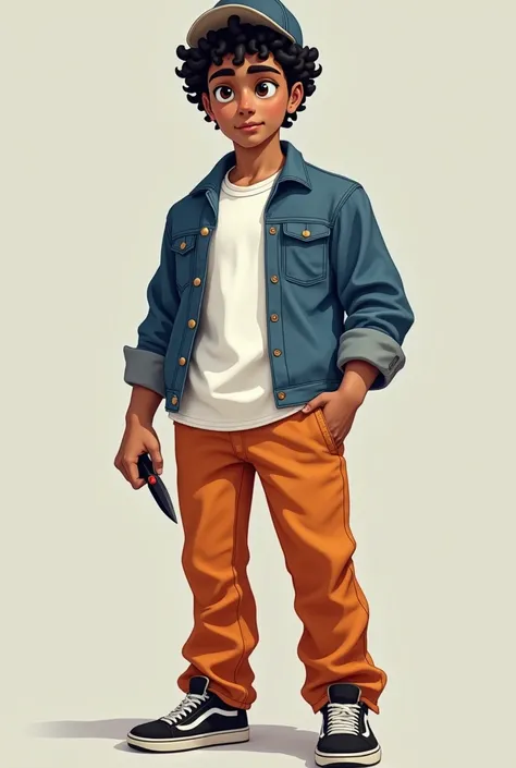  Make an image of a 22-year-old ,  with curled black hair and a cap on the back, pele morena, white polo shirt social , Blue denim jacket, orange pants and black sneakers .  He has a small black knife in his hand .