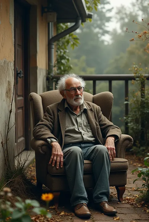  Create an image of an elderly man who has idealistic thoughts flowing from his brain about poverty, sadness, Abandonment, anger and melancholy ,  who is sitting in an armchair on a terrace full of weeds and dried flowers .