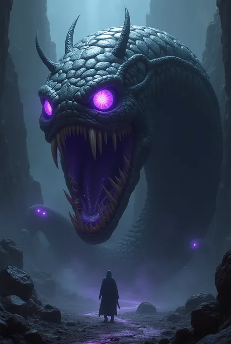  A giant worm with a super strong jaw, 6 glowing purple eyes , in a very dark .   Y that your body is made of ovals
