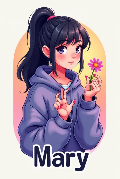 Create me a mascot logo where the mascot is a black-haired gamer girl with a sweatshirt and two flowers on her hand and underneath saying Mary