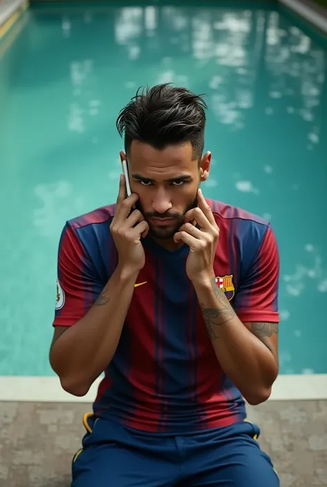 Neymar wearing the Barcelona jersey talking on his cell phone near a swimming pool lying down,  and giant head ,  camera coming from above and taking the whole body  